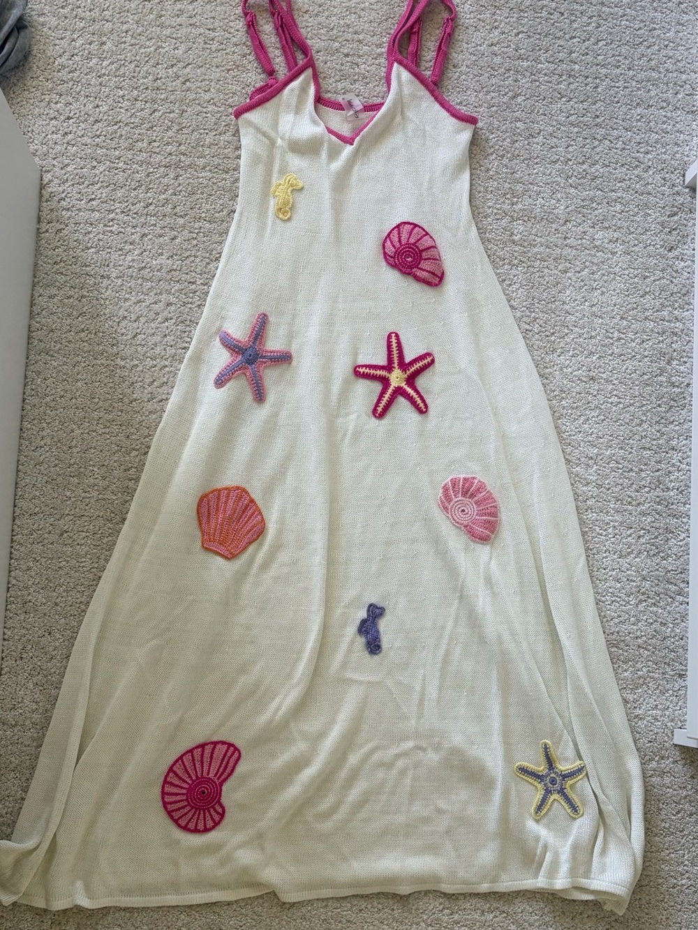 Altar'd State Cream Maxi Dress with Pink Trim and Colorful Sea Patches